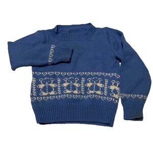 Vintage Blue White TeddyBear Knit Sweater Kid Pullover Long Sleeve 4-6?